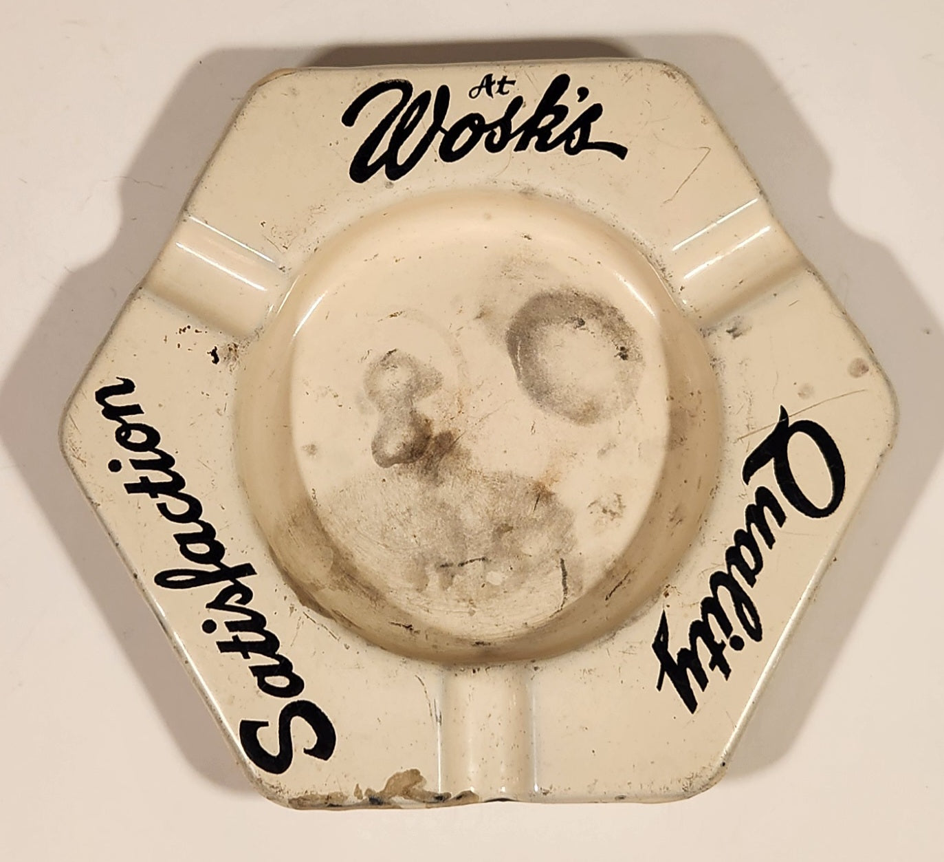 Vintage Mid Century At Wosk's Satisfaction Quality White Porcelain Enamel Ashtray