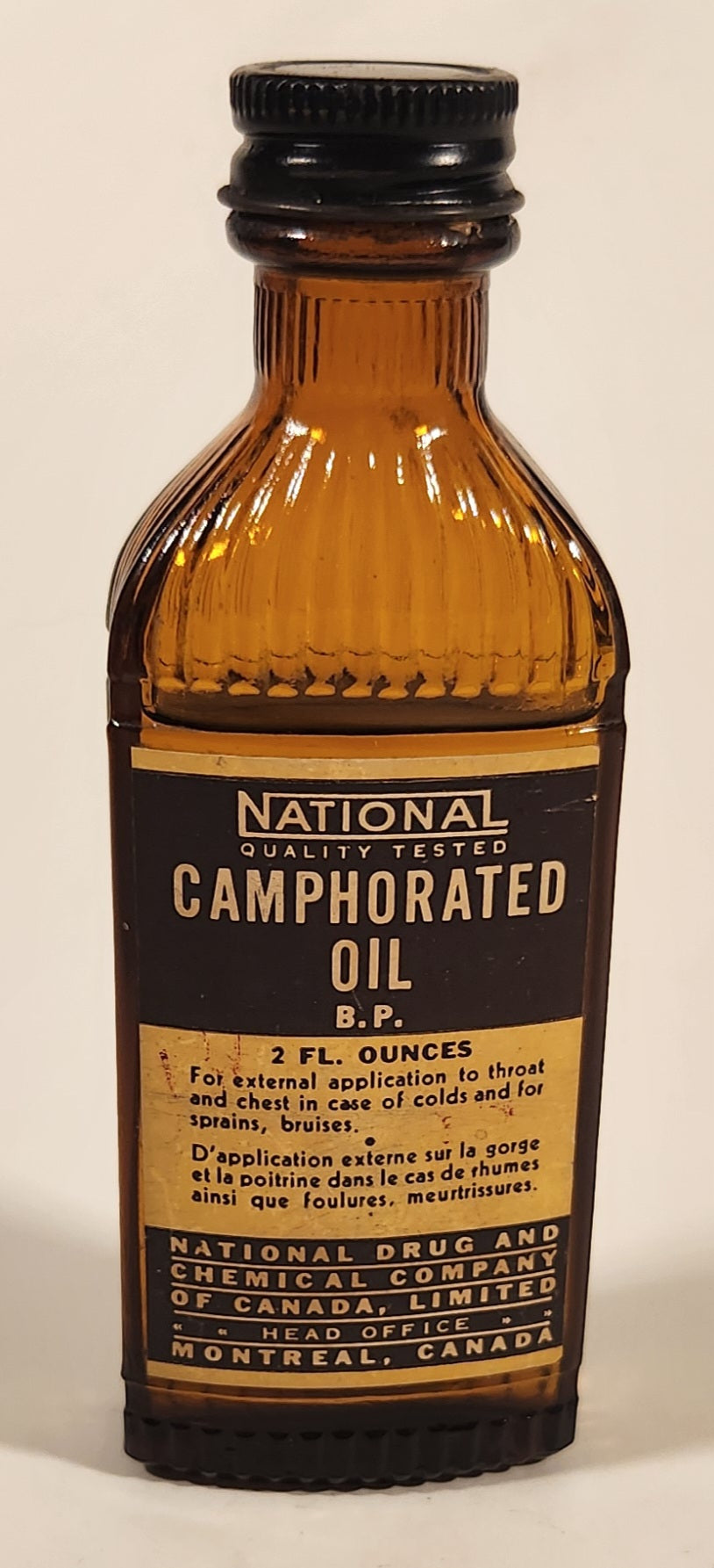 Rare Vintage National Drug And Chemical Company of Canada Limited Montreal Canada Camphorated Oil B. P. 2 Fl. Ounces Brown Amber Glass Bottle Near Full