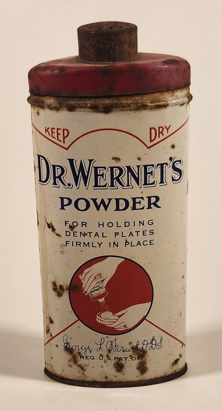 Vintage George L. Wernet D. DS Dr. Wernet's Powder For Holding Dental Plates Firmly In Place Keep Dry Tin Metal Can