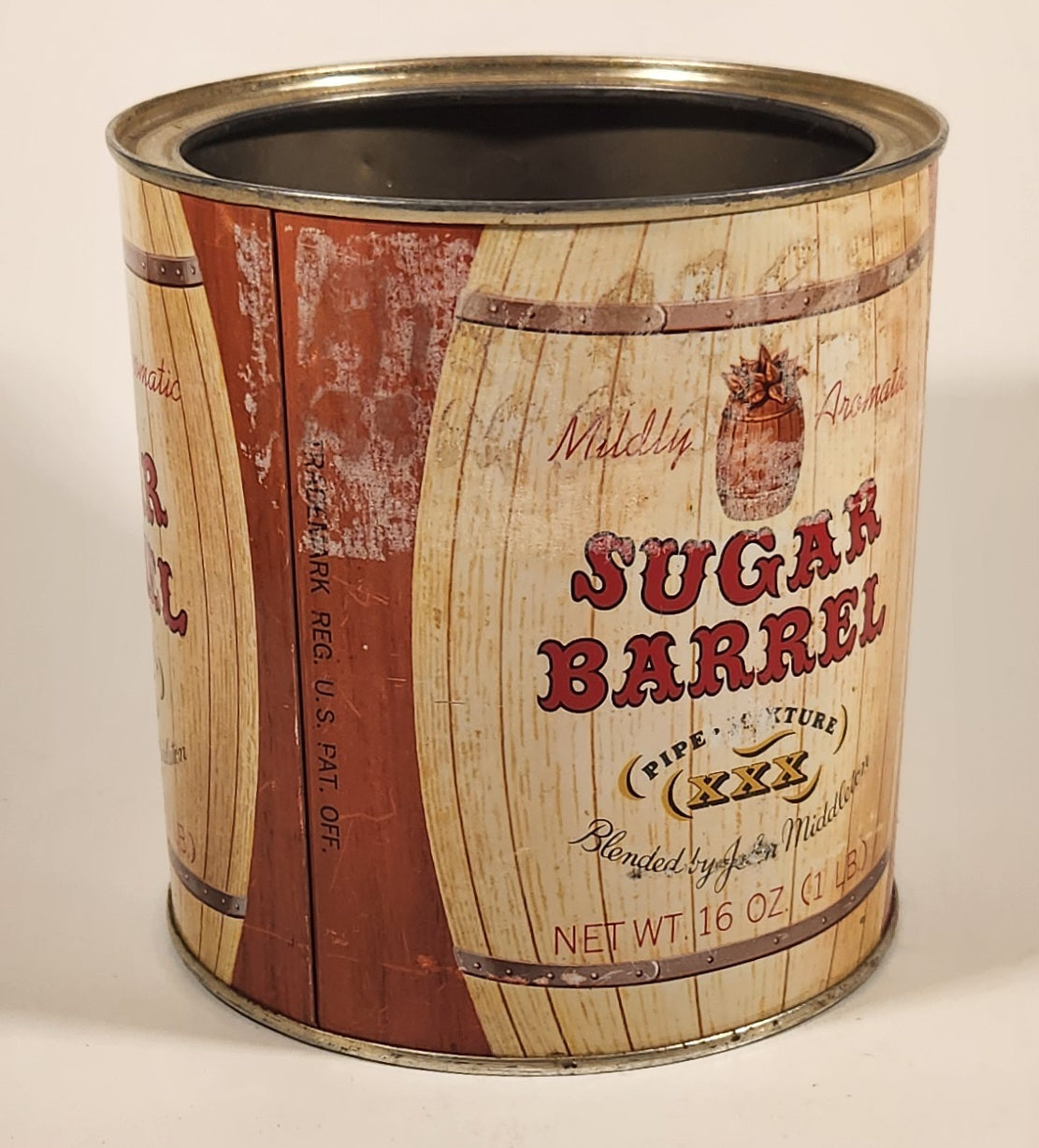 Vintage John Middleton Inc Sugar Barrel Pipe Mixture XXX Mildly Aromatic Tobacco Tin Metal Can 2