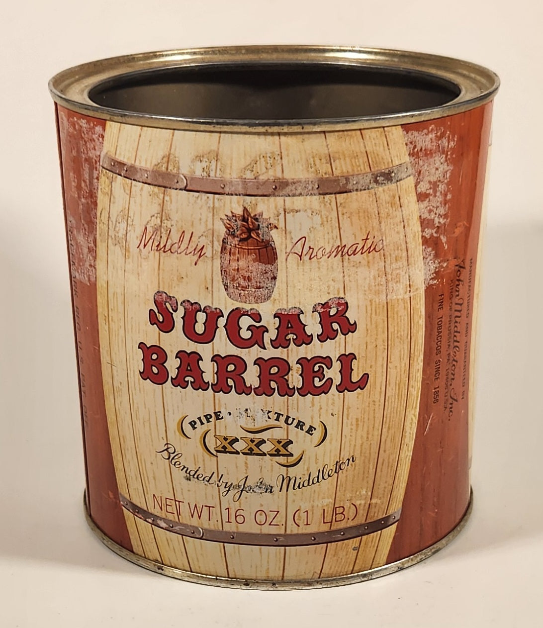 Vintage John Middleton Inc Sugar Barrel Pipe Mixture XXX Mildly Aromatic Tobacco Tin Metal Can 3
