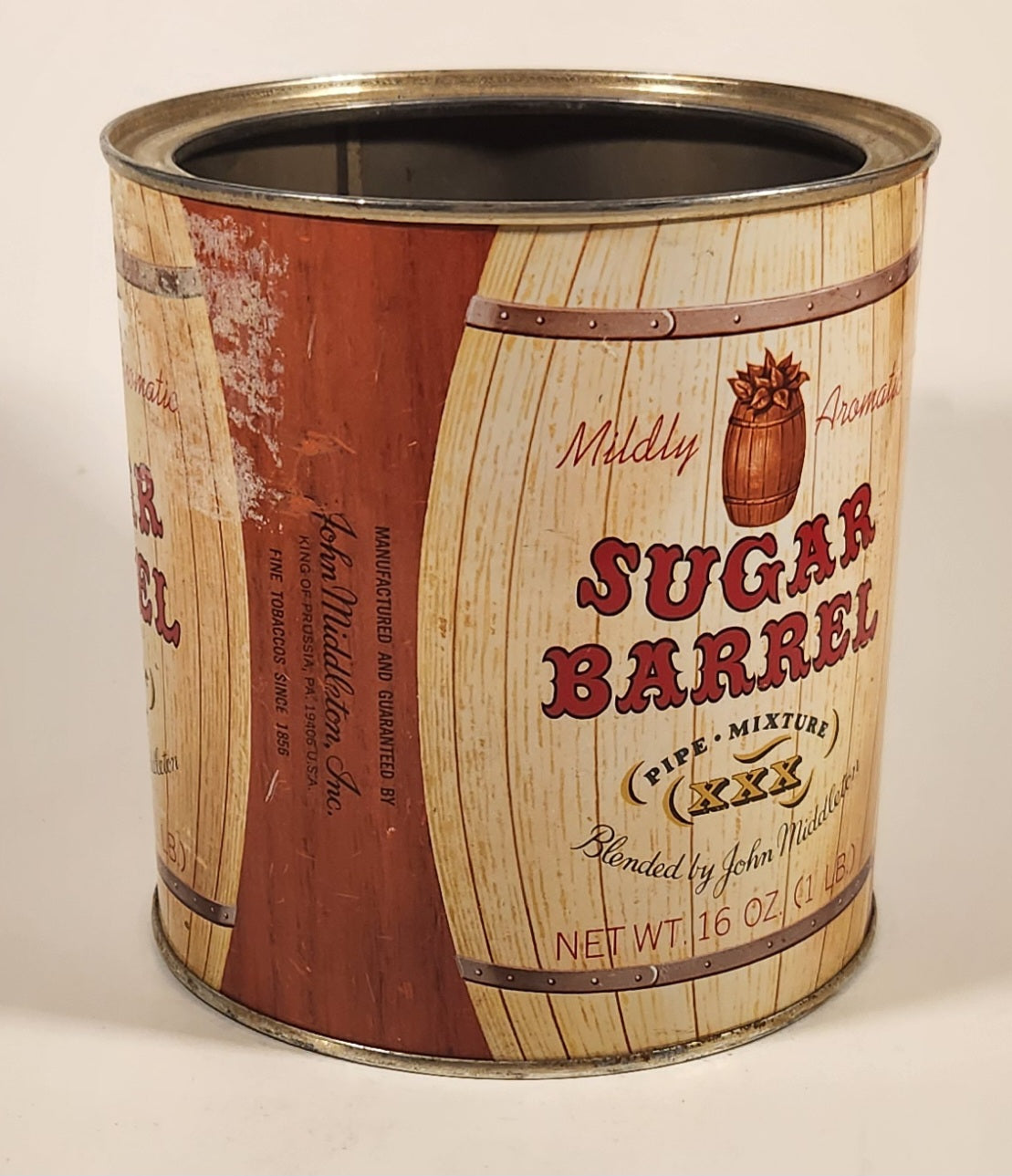 Vintage John Middleton Inc Sugar Barrel Pipe Mixture XXX Mildly Aromatic Tobacco Tin Metal Can 4