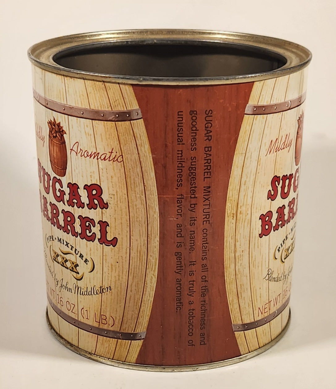 Vintage John Middleton Inc Sugar Barrel Pipe Mixture XXX Mildly Aromatic Tobacco Tin Metal Can 5