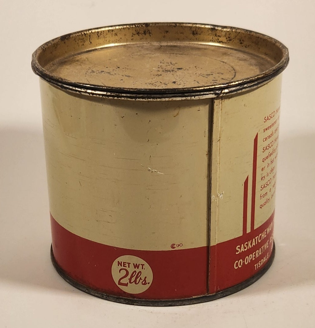 Vintage 1940s Sasco Honey 2 Lb Tin Metal Can Saskatchewan Honey Company Tisdale, Saskatchewan 2