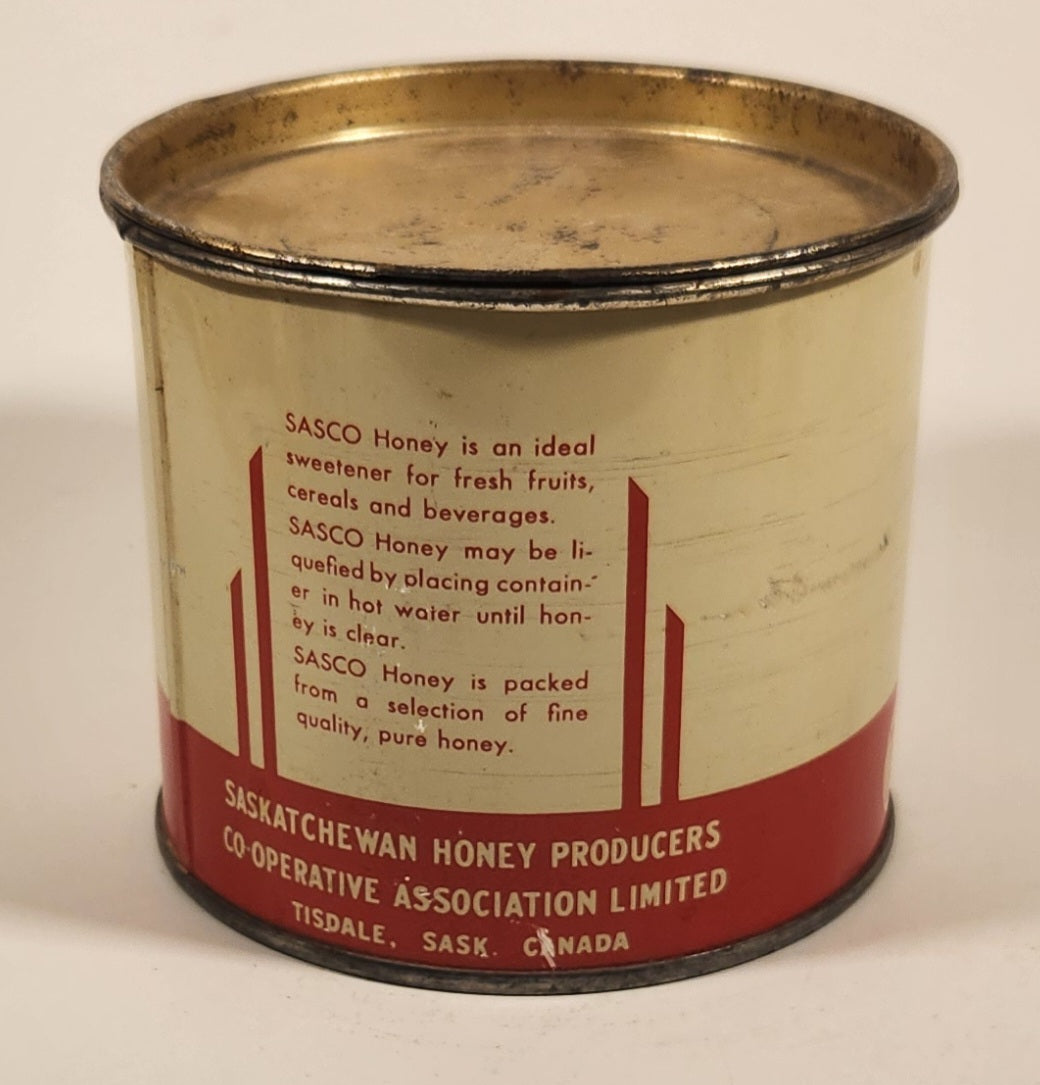 Vintage 1940s Sasco Honey 2 Lb Tin Metal Can Saskatchewan Honey Company Tisdale, Saskatchewan 3