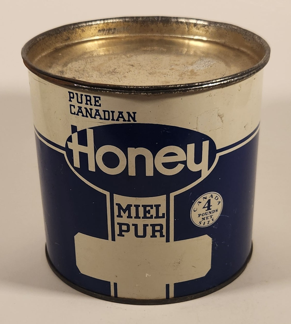 Vintage Pure Canadian Honey Blue and White Tin Metal Can