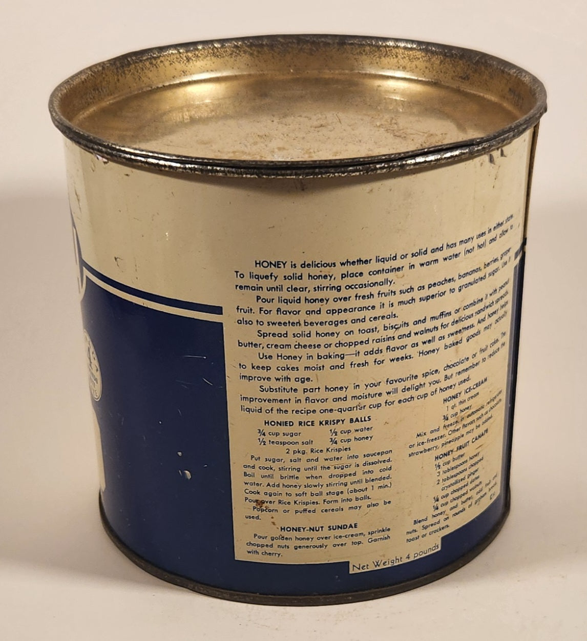 Vintage Pure Canadian Honey Blue and White Tin Metal Can 2