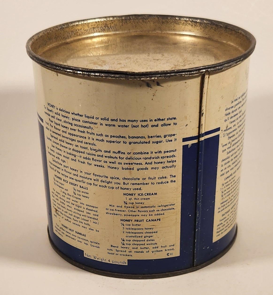 Vintage Pure Canadian Honey Blue and White Tin Metal Can 3