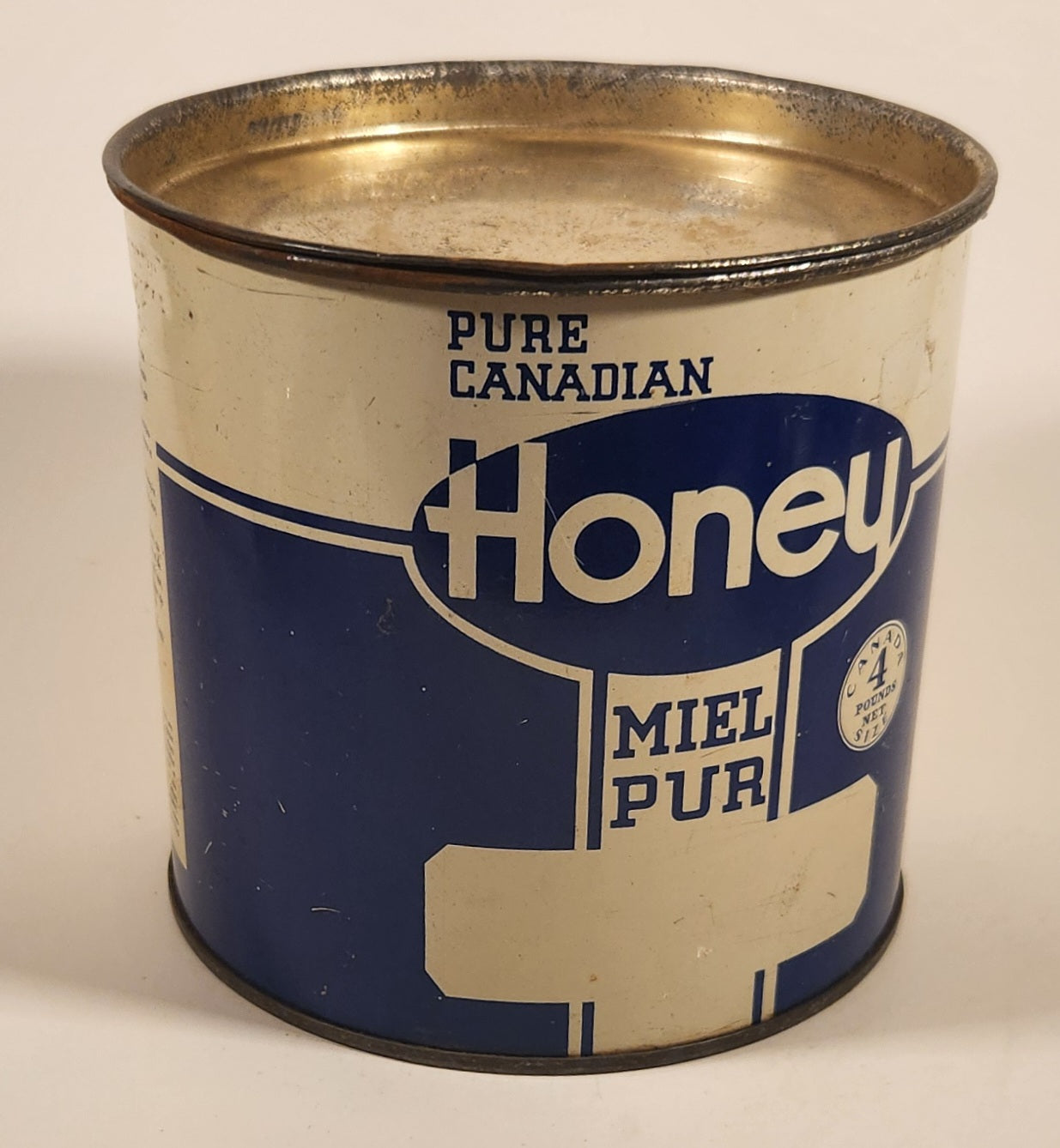 Vintage Pure Canadian Honey Blue and White Tin Metal Can 5
