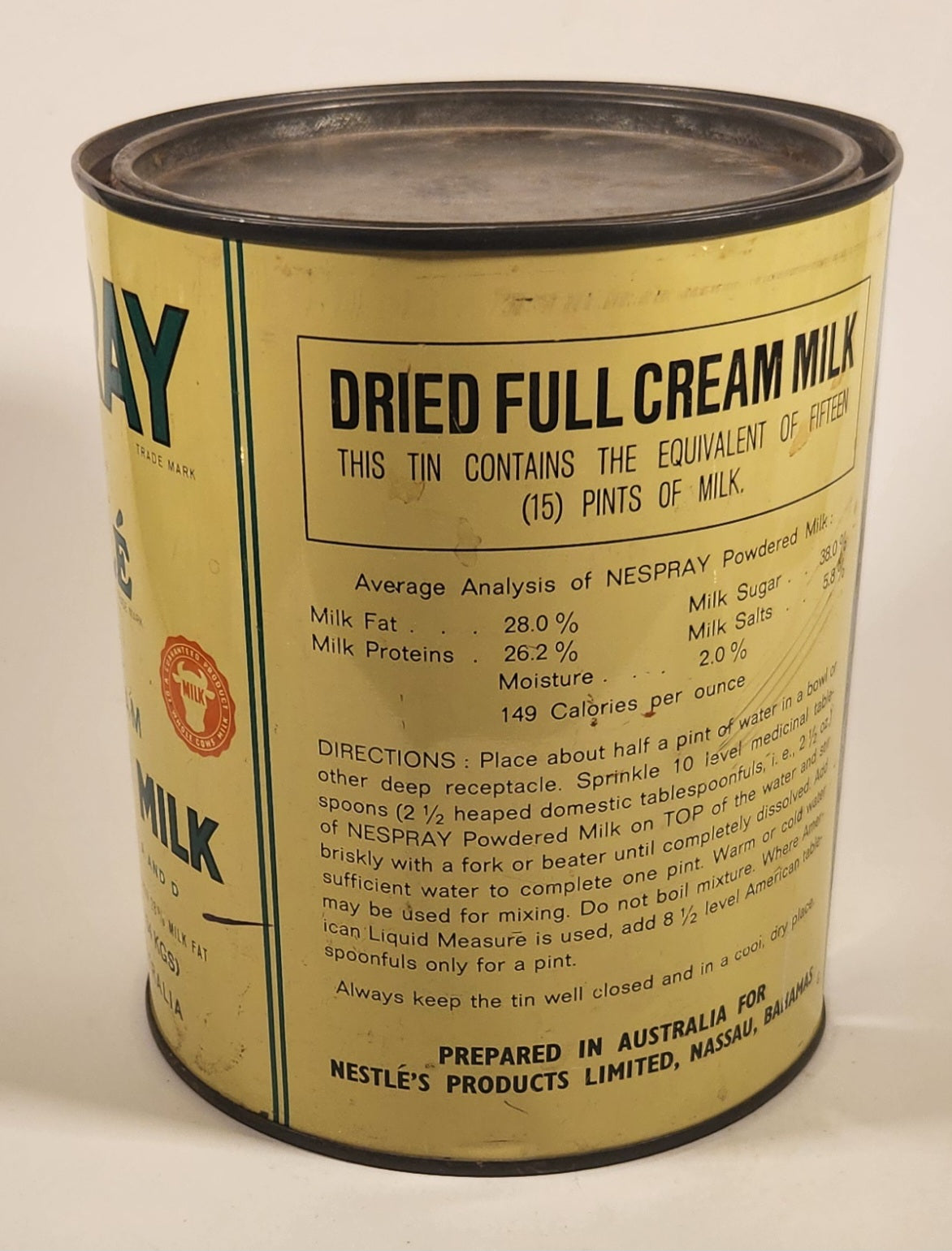 Rare Vintage Nestle Products Limited Nassau Bahamas Nespray Full Cream Powdered Milk Enriched With Vitamins A and D 2 1/2 Lb Tin Metal Can 2