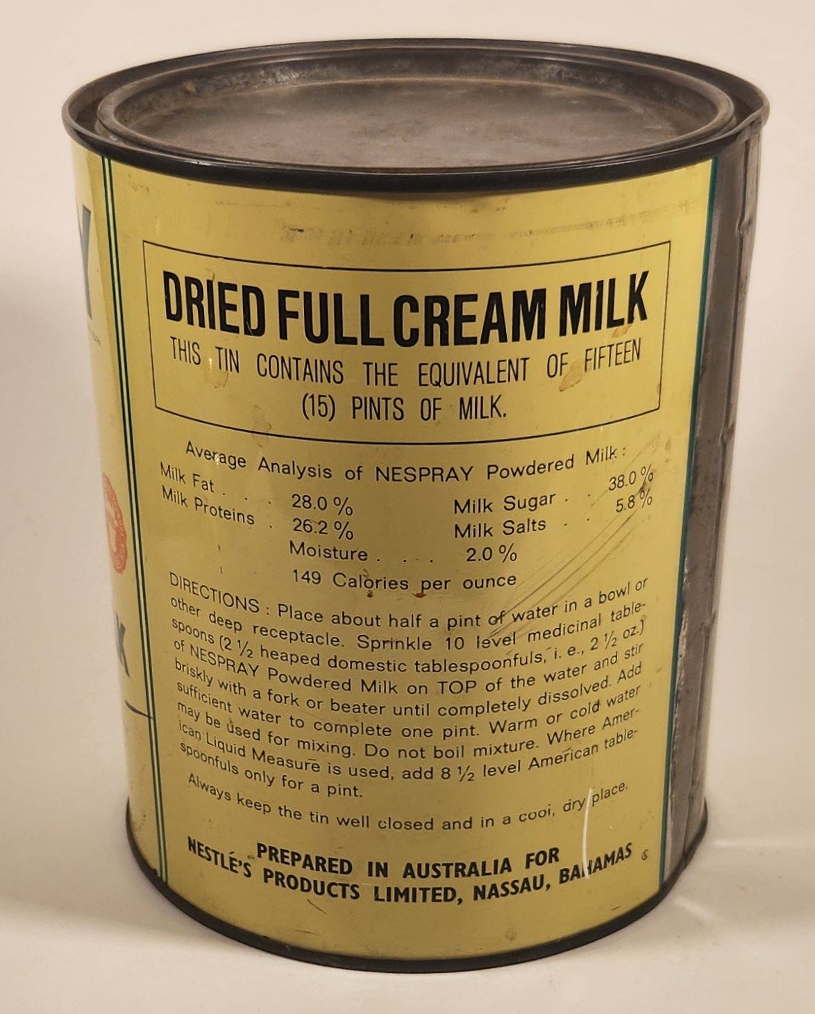 Rare Vintage Nestle Products Limited Nassau Bahamas Nespray Full Cream Powdered Milk Enriched With Vitamins A and D 2 1/2 Lb Tin Metal Can 3