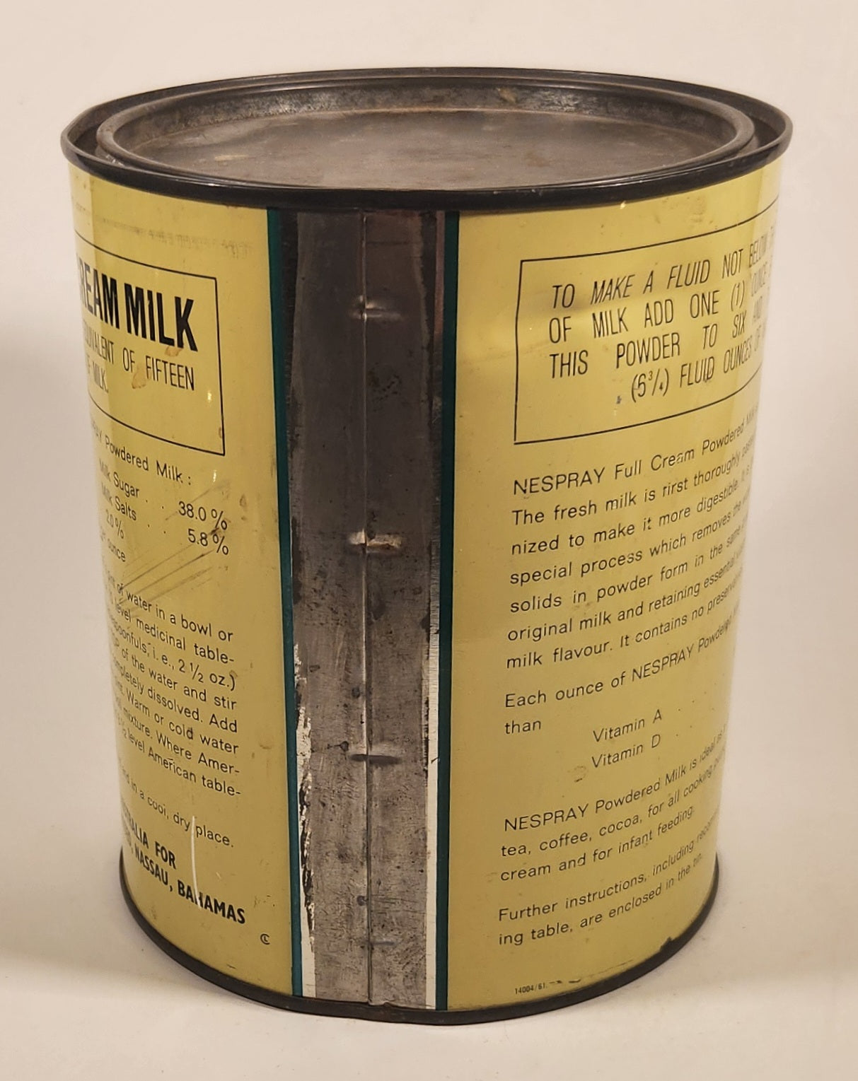 Rare Vintage Nestle Products Limited Nassau Bahamas Nespray Full Cream Powdered Milk Enriched With Vitamins A and D 2 1/2 Lb Tin Metal Can 4