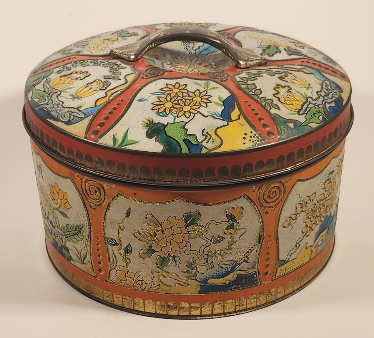 Vintage Gray Dunn Biscuit Manufactures A Product of Scotland Colorful Flowers Embossed Tin Metal Container