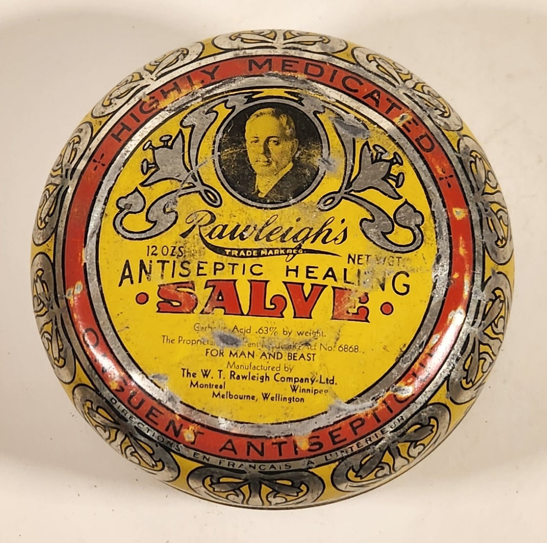 Vintage The W. T. Rawleigh Company Ltd Montreal Winnipeg Melbourne Willington Rawleigh's Antiseptic Healing Salve High Medicated Tin Metal Container 2