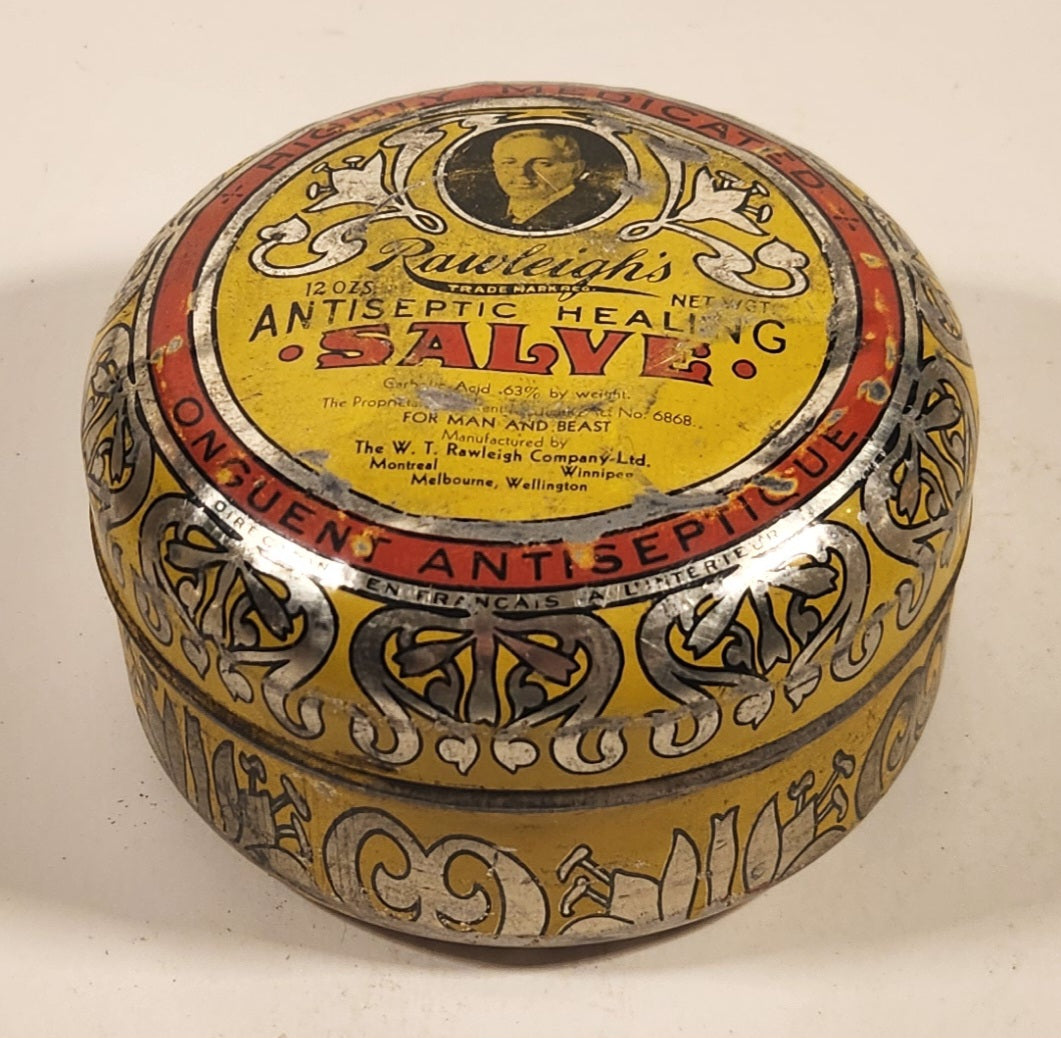 Vintage The W. T. Rawleigh Company Ltd Montreal Winnipeg Melbourne Willington Rawleigh's Antiseptic Healing Salve High Medicated Tin Metal Container 3