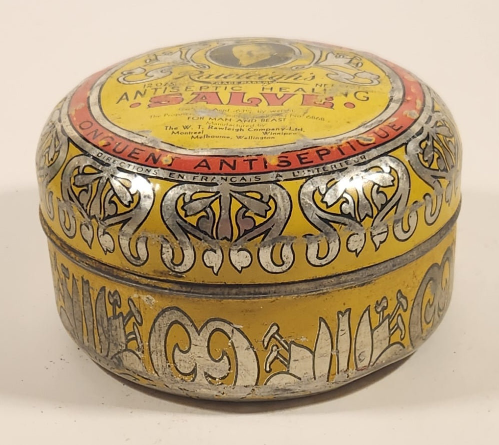 Vintage The W. T. Rawleigh Company Ltd Montreal Winnipeg Melbourne Willington Rawleigh's Antiseptic Healing Salve High Medicated Tin Metal Container 4