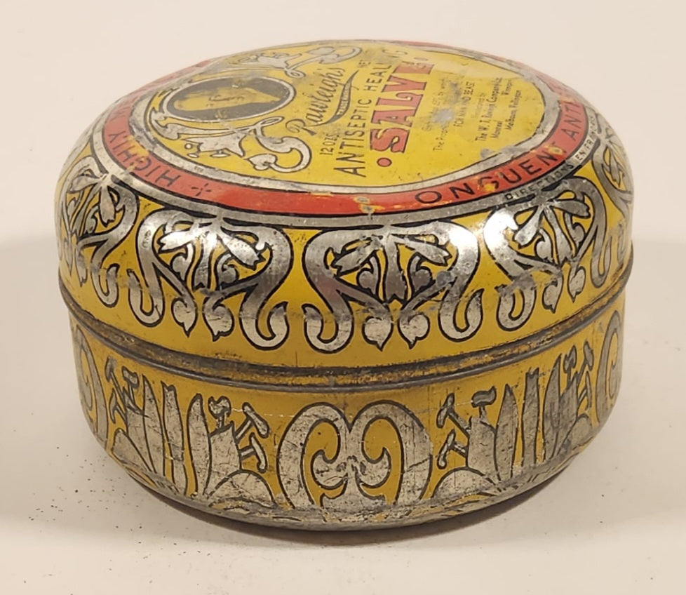 Vintage The W. T. Rawleigh Company Ltd Montreal Winnipeg Melbourne Willington Rawleigh's Antiseptic Healing Salve High Medicated Tin Metal Container 7