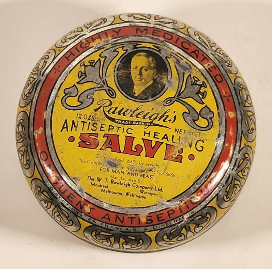Vintage The W. T. Rawleigh Company Ltd Montreal Winnipeg Melbourne Willington Rawleigh's Antiseptic Healing Salve High Medicated Tin Metal Container 8