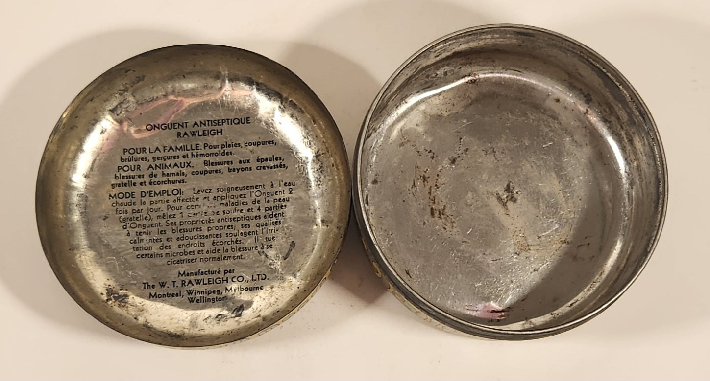 Vintage The W. T. Rawleigh Company Ltd Montreal Winnipeg Melbourne Willington Rawleigh's Antiseptic Healing Salve High Medicated Tin Metal Container 10