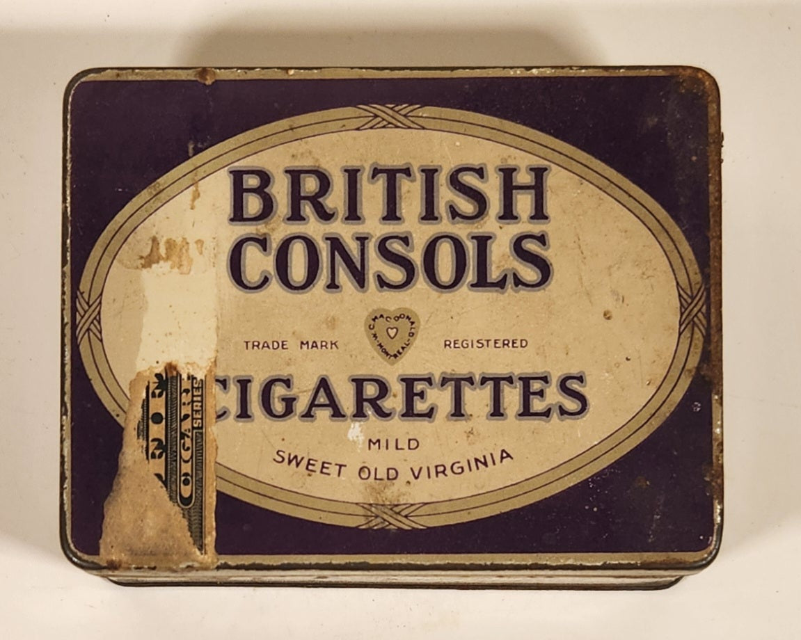 Vintage W.C. Macdonald British Consols Cigarettes Mild Sweet Old Virginia Hinged Tin Metal Container