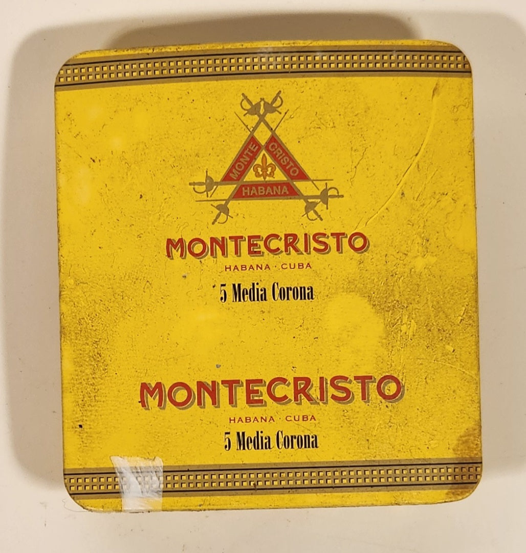 Montecristo Habana Cuba 5 Media Corona Yellow Tin Metal Cigar Case With Sliding Lid