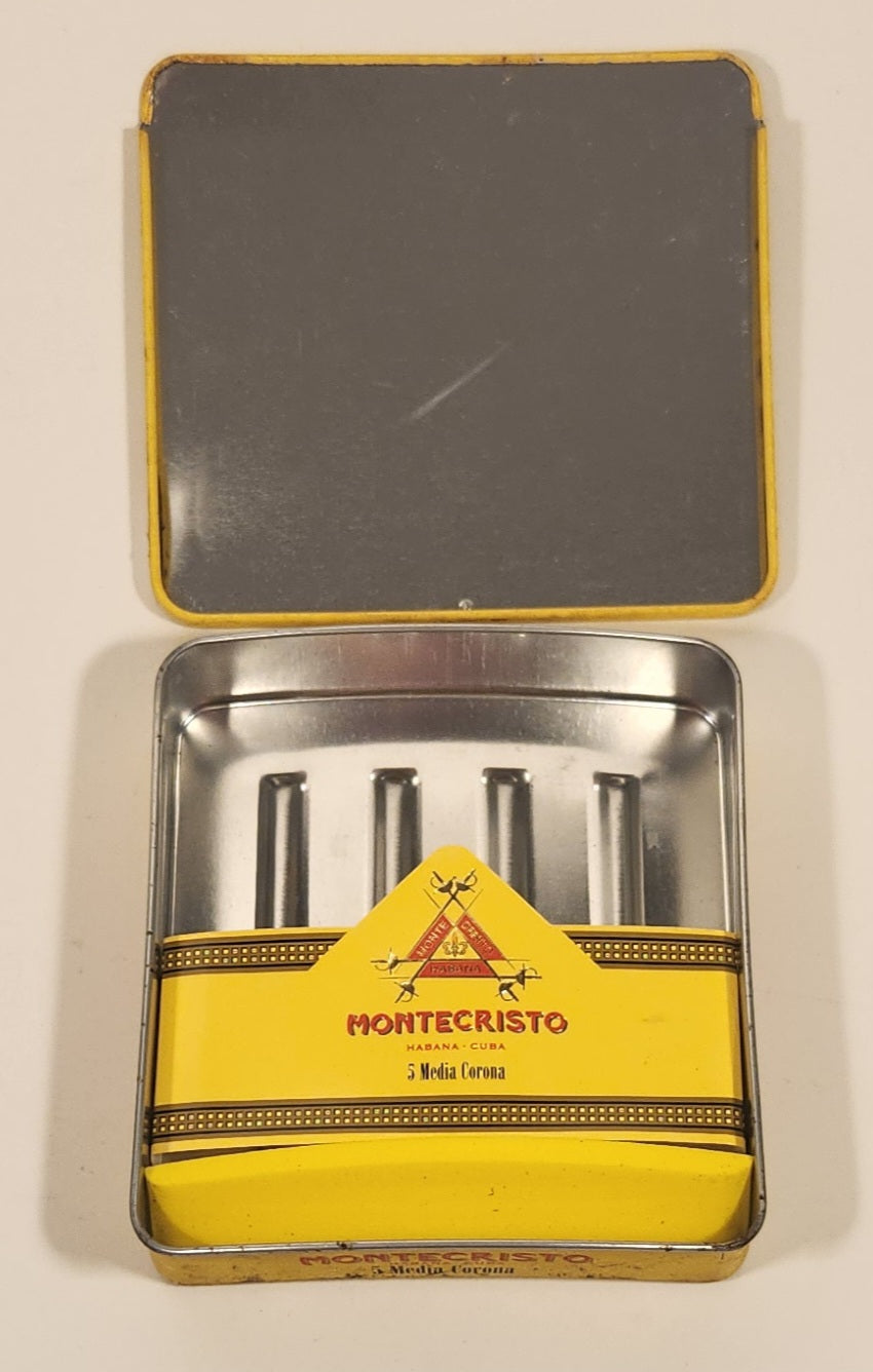 Montecristo Habana Cuba 5 Media Corona Yellow Tin Metal Cigar Case With Sliding Lid 7