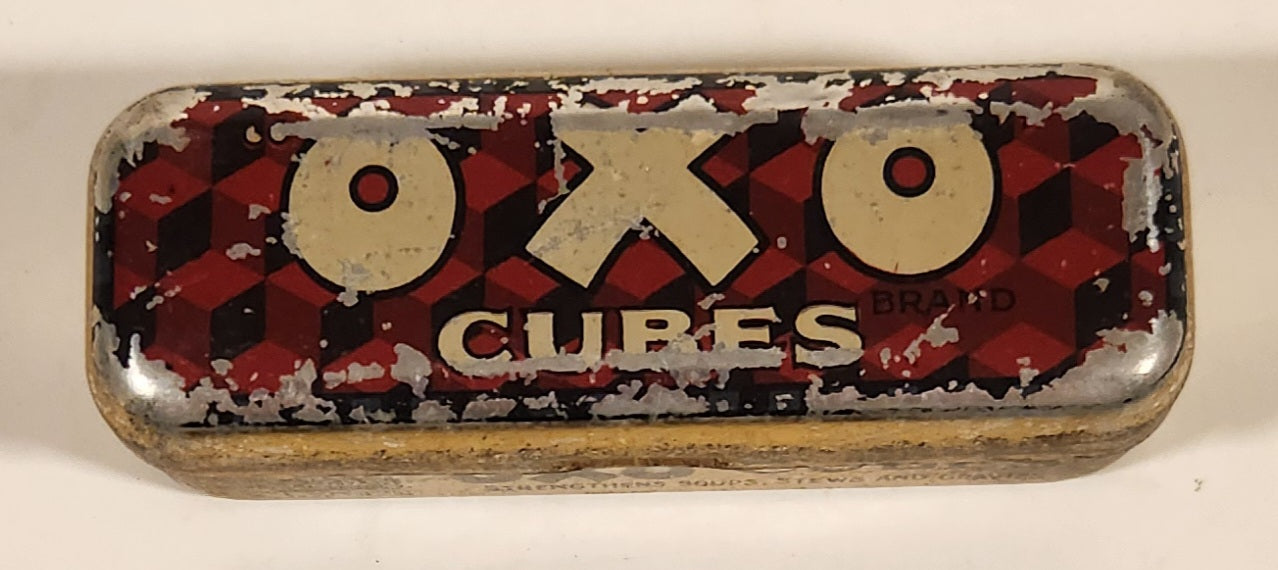 Antique Oxo Brand Cubes Red Tin Metal Container