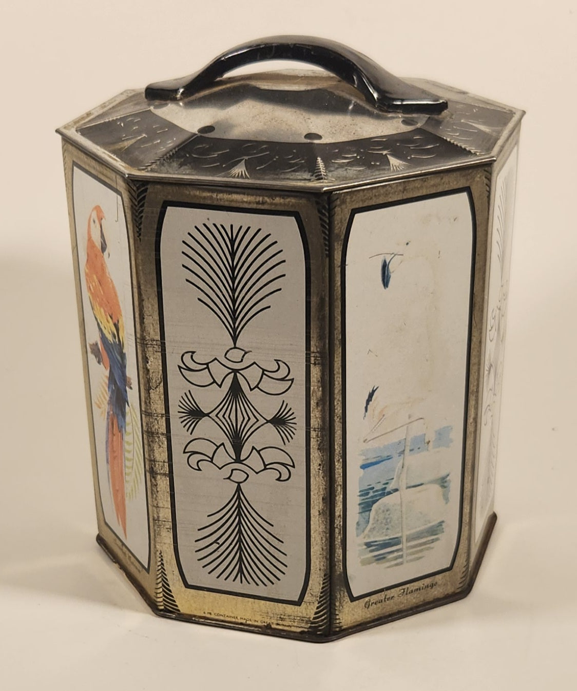 Vintage Peek Freans Scarlet Macaw Crowned Crane Lady Amherst Pheasant Greater Flamingo Bird Themed Octagonal Tin Metal Container 2