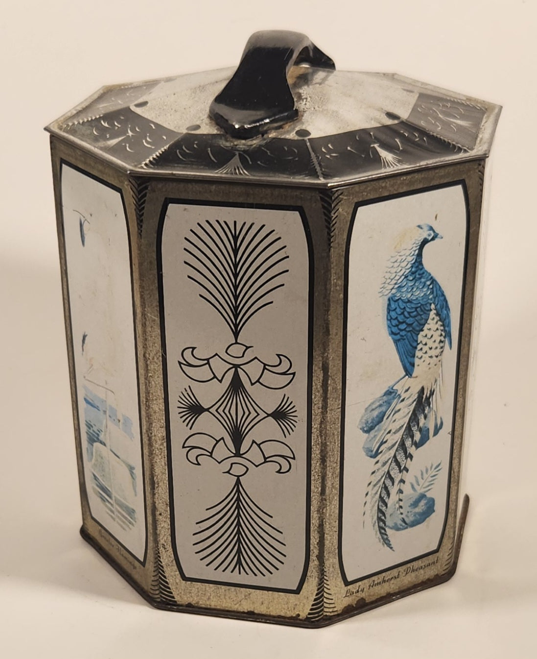Vintage Peek Freans Scarlet Macaw Crowned Crane Lady Amherst Pheasant Greater Flamingo Bird Themed Octagonal Tin Metal Container 3