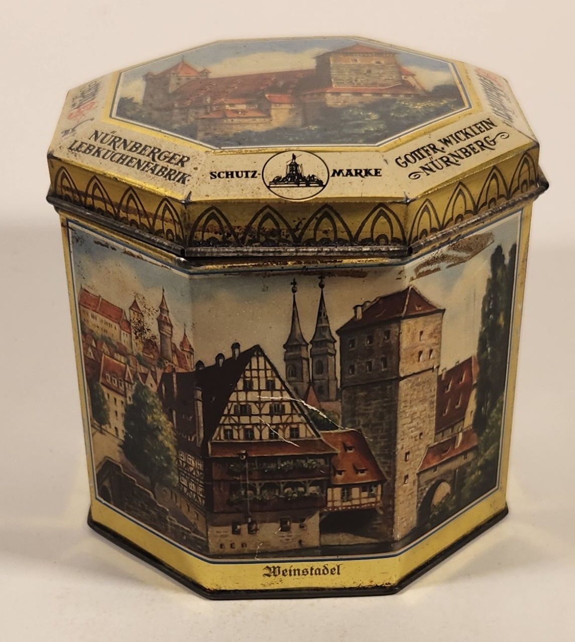 Vintage German Nurnberger Lebkuchenfabrik Gottfr Wicklein Nurnberg Octagonal Hinged Tin Metal Container