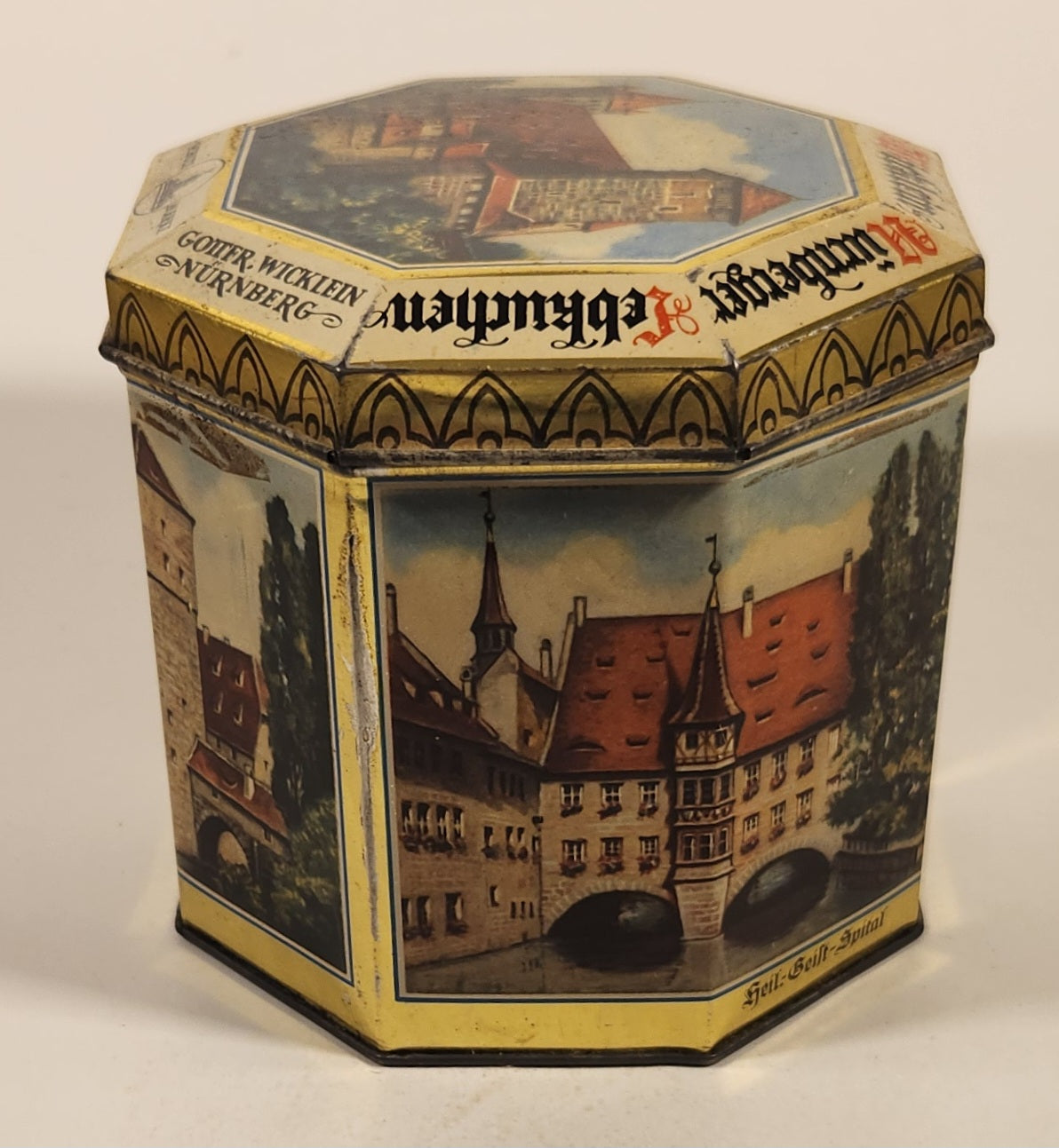 Vintage German Nurnberger Lebkuchenfabrik Gottfr Wicklein Nurnberg Octagonal Hinged Tin Metal Container 2