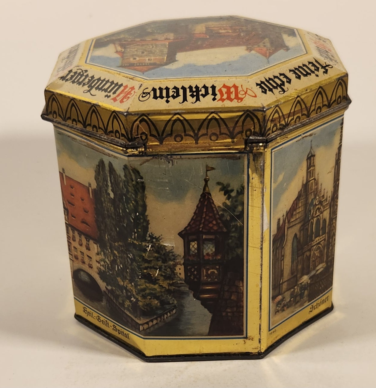 Vintage German Nurnberger Lebkuchenfabrik Gottfr Wicklein Nurnberg Octagonal Hinged Tin Metal Container 3