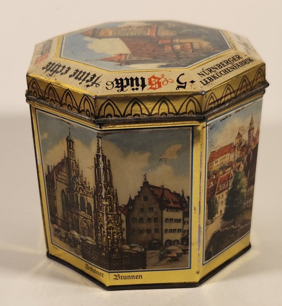 Vintage German Nurnberger Lebkuchenfabrik Gottfr Wicklein Nurnberg Octagonal Hinged Tin Metal Container 4