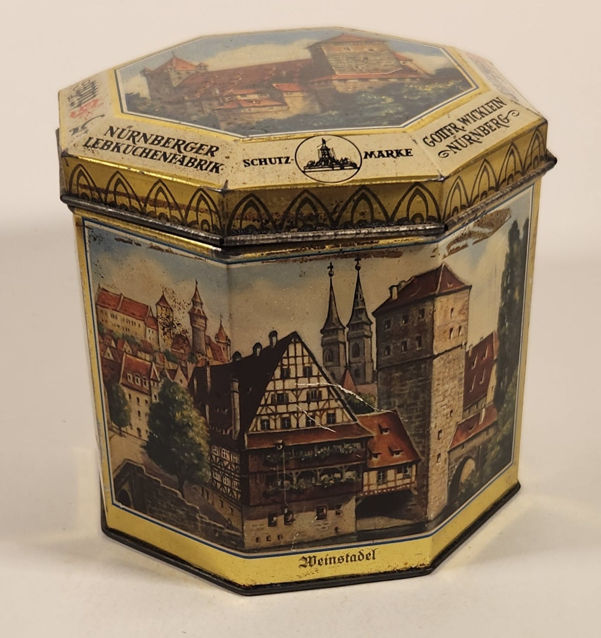 Vintage German Nurnberger Lebkuchenfabrik Gottfr Wicklein Nurnberg Octagonal Hinged Tin Metal Container 5