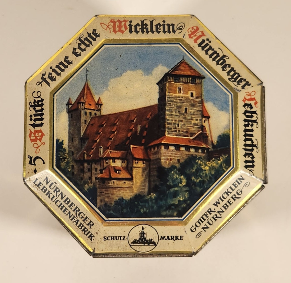 Vintage German Nurnberger Lebkuchenfabrik Gottfr Wicklein Nurnberg Octagonal Hinged Tin Metal Container 6