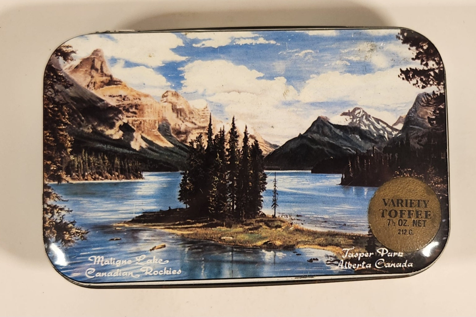 Rare Vintage Maligne Lake Canadian Rockies Jasper Parks Alberta Canada Jasper The Bear Variety Toffee Hinged Tin Metal Container 2