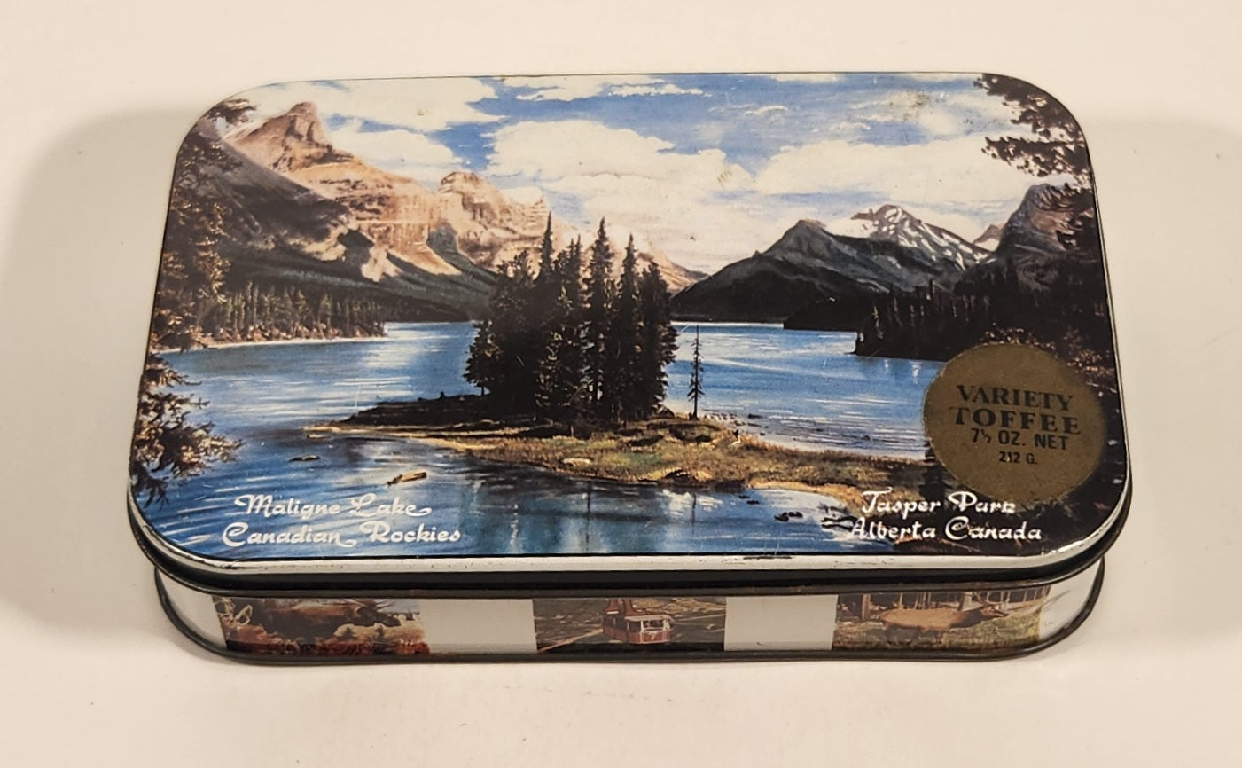 Rare Vintage Maligne Lake Canadian Rockies Jasper Parks Alberta Canada Jasper The Bear Variety Toffee Hinged Tin Metal Container