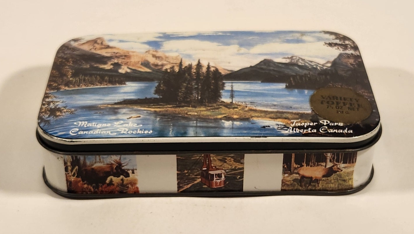 Rare Vintage Maligne Lake Canadian Rockies Jasper Parks Alberta Canada Jasper The Bear Variety Toffee Hinged Tin Metal Container 3