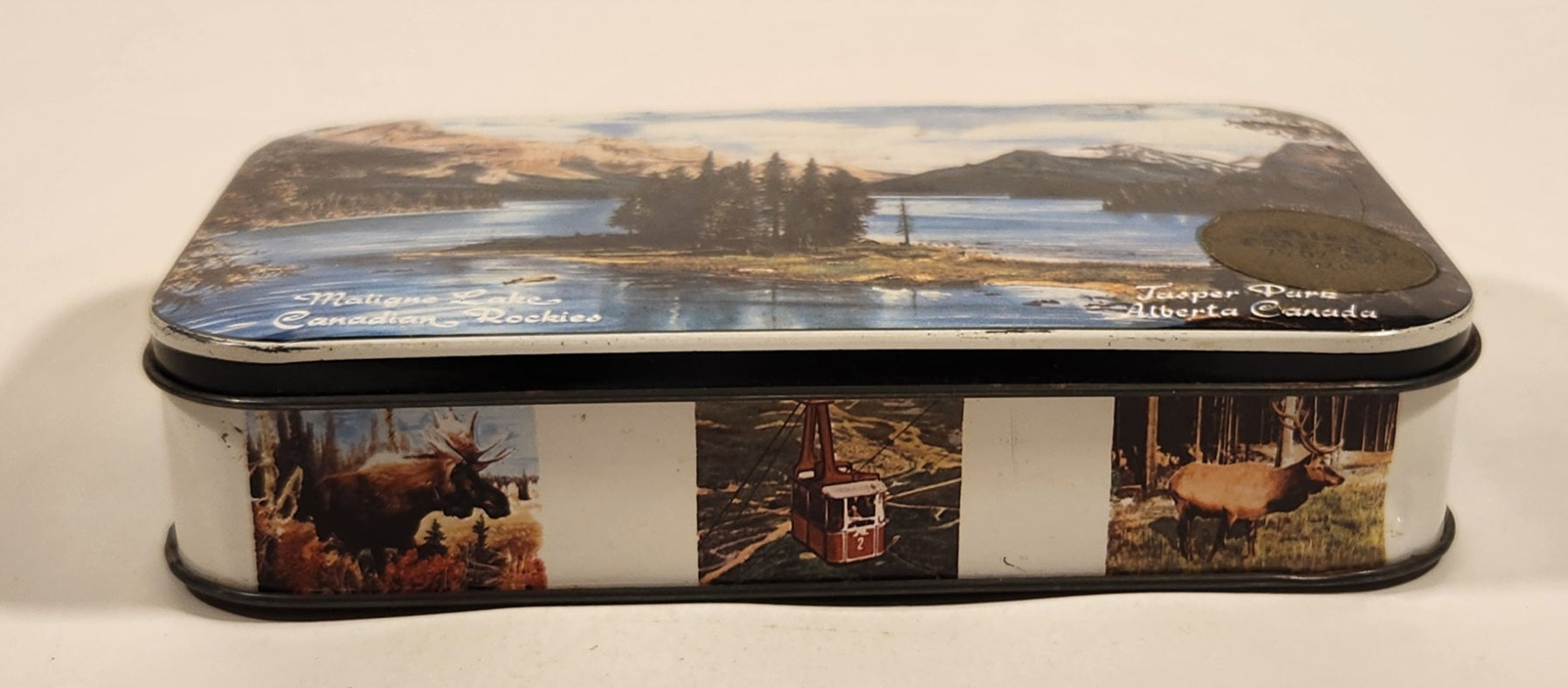 Rare Vintage Maligne Lake Canadian Rockies Jasper Parks Alberta Canada Jasper The Bear Variety Toffee Hinged Tin Metal Container 4
