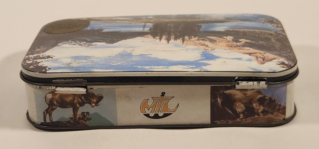 Rare Vintage Maligne Lake Canadian Rockies Jasper Parks Alberta Canada Jasper The Bear Variety Toffee Hinged Tin Metal Container 6