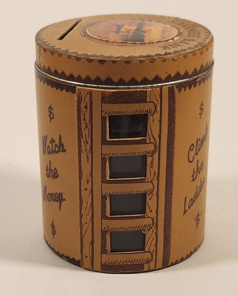 Vintage Vancouver Canada Savings Bank Watch the Money Climb The Ladder Leather Covered Glass Jar Coin Bank 10