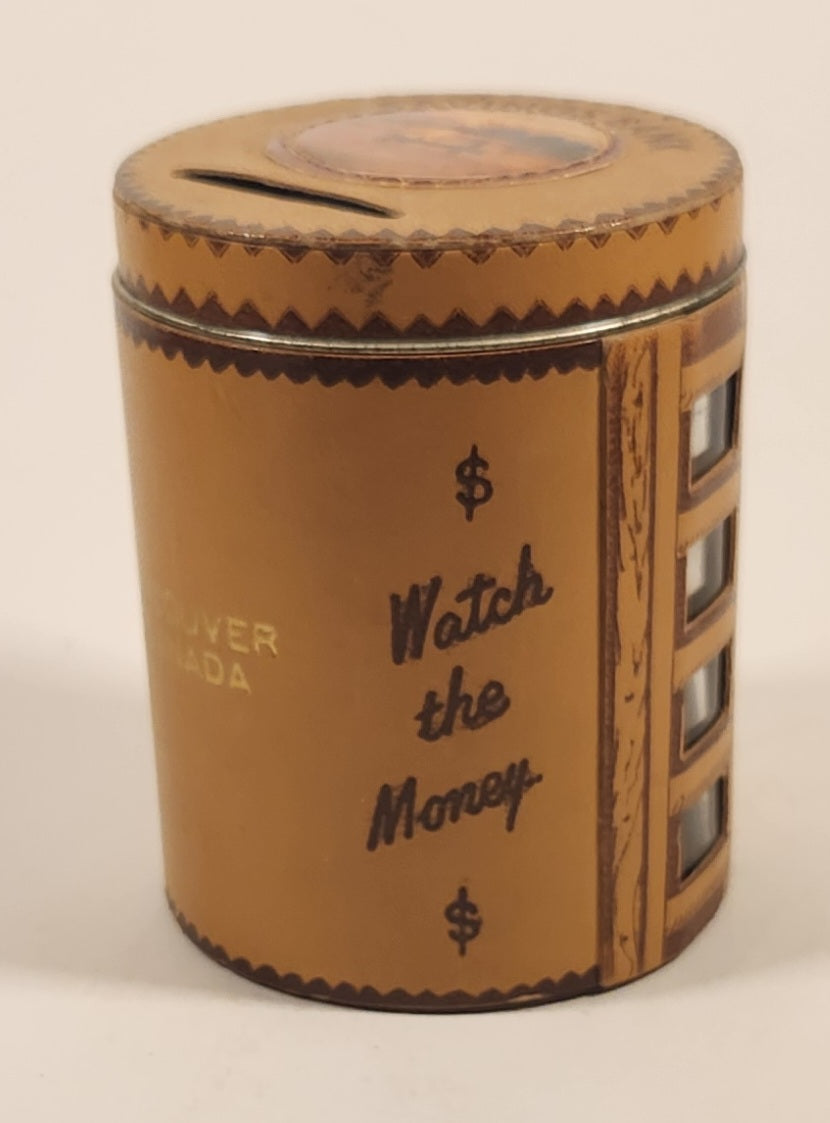 Vintage Vancouver Canada Savings Bank Watch the Money Climb The Ladder Leather Covered Glass Jar Coin Bank 2