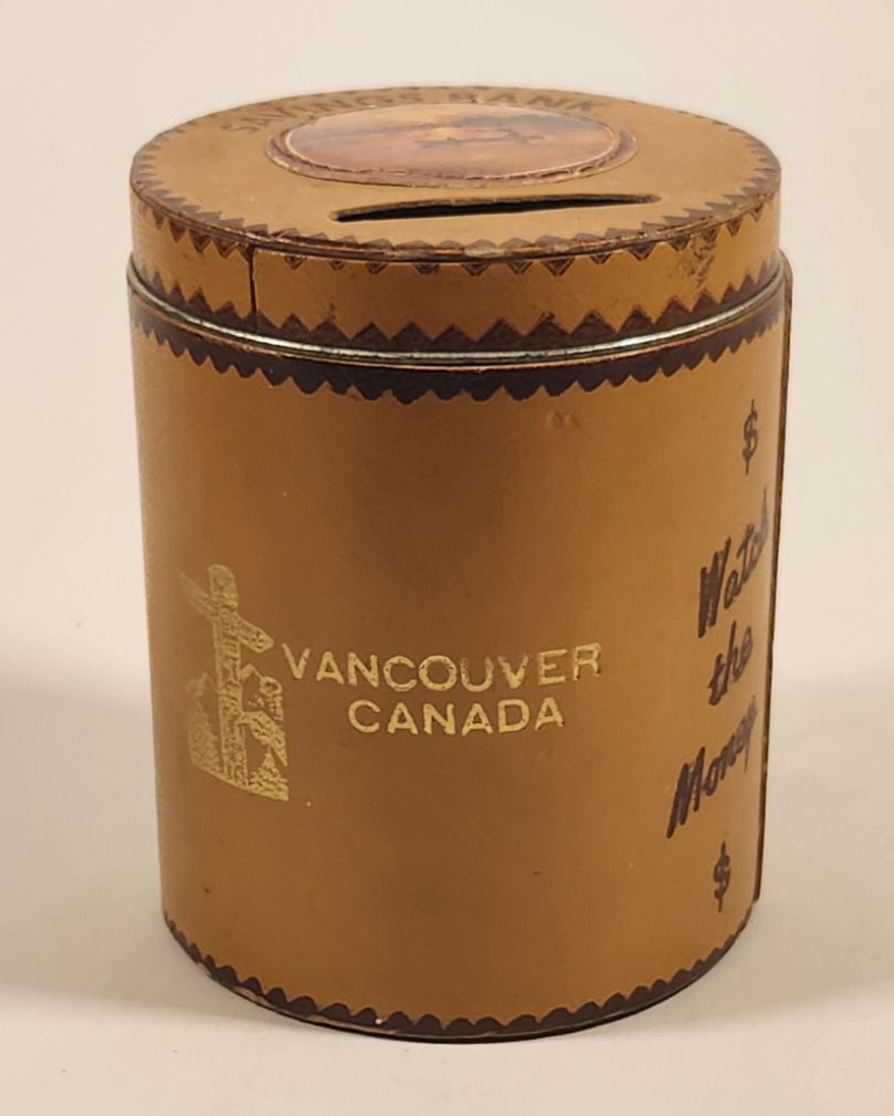 Vintage Vancouver Canada Savings Bank Watch the Money Climb The Ladder Leather Covered Glass Jar Coin Bank