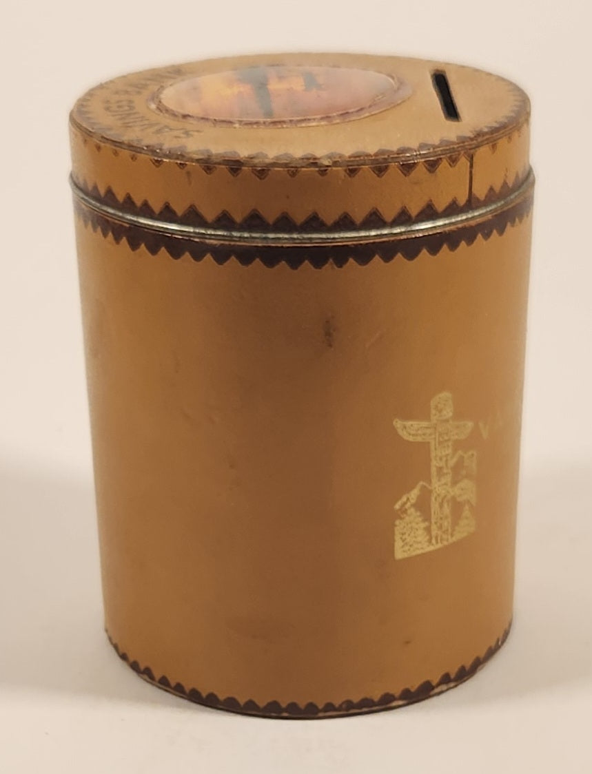Vintage Vancouver Canada Savings Bank Watch the Money Climb The Ladder Leather Covered Glass Jar Coin Bank 3