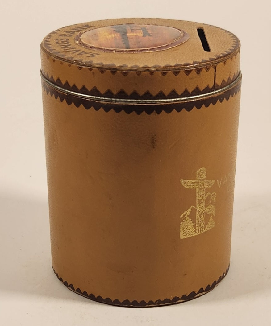 Vintage Vancouver Canada Savings Bank Watch the Money Climb The Ladder Leather Covered Glass Jar Coin Bank 4