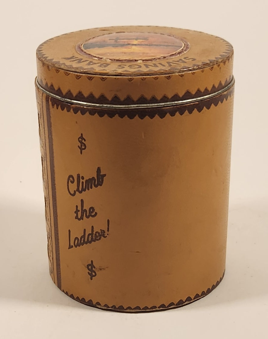 Vintage Vancouver Canada Savings Bank Watch the Money Climb The Ladder Leather Covered Glass Jar Coin Bank 5