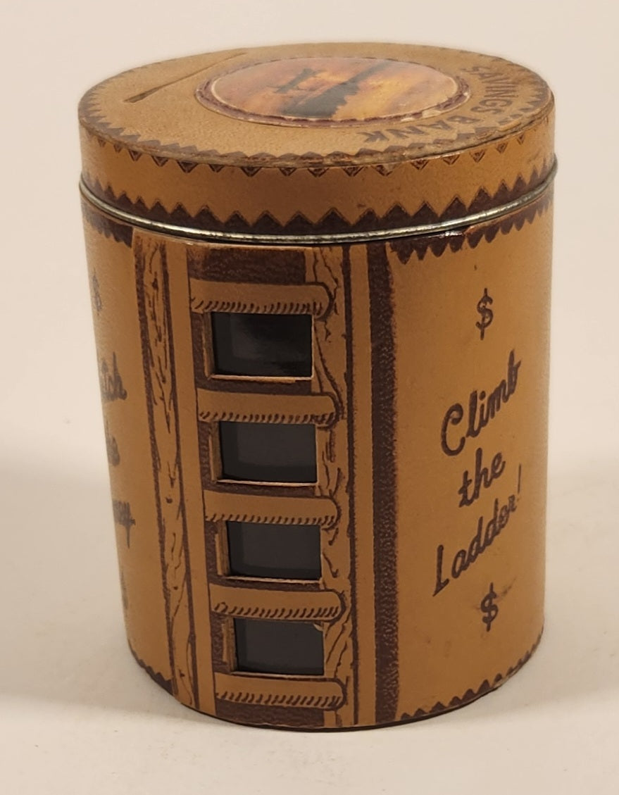 Vintage Vancouver Canada Savings Bank Watch the Money Climb The Ladder Leather Covered Glass Jar Coin Bank 6