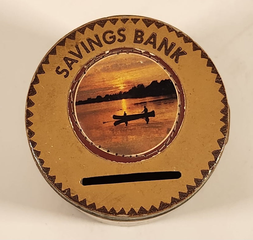 Vintage Vancouver Canada Savings Bank Watch the Money Climb The Ladder Leather Covered Glass Jar Coin Bank 7