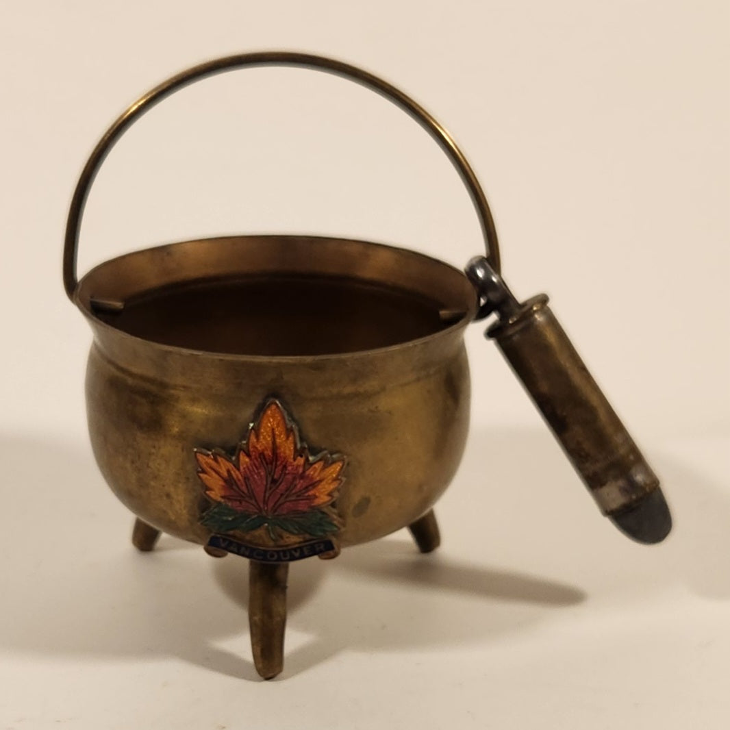 Rare Vintage Vancouver Canada Enamel Maple Leaf Brass Cauldron with Bullet Hanging From The Handle 2