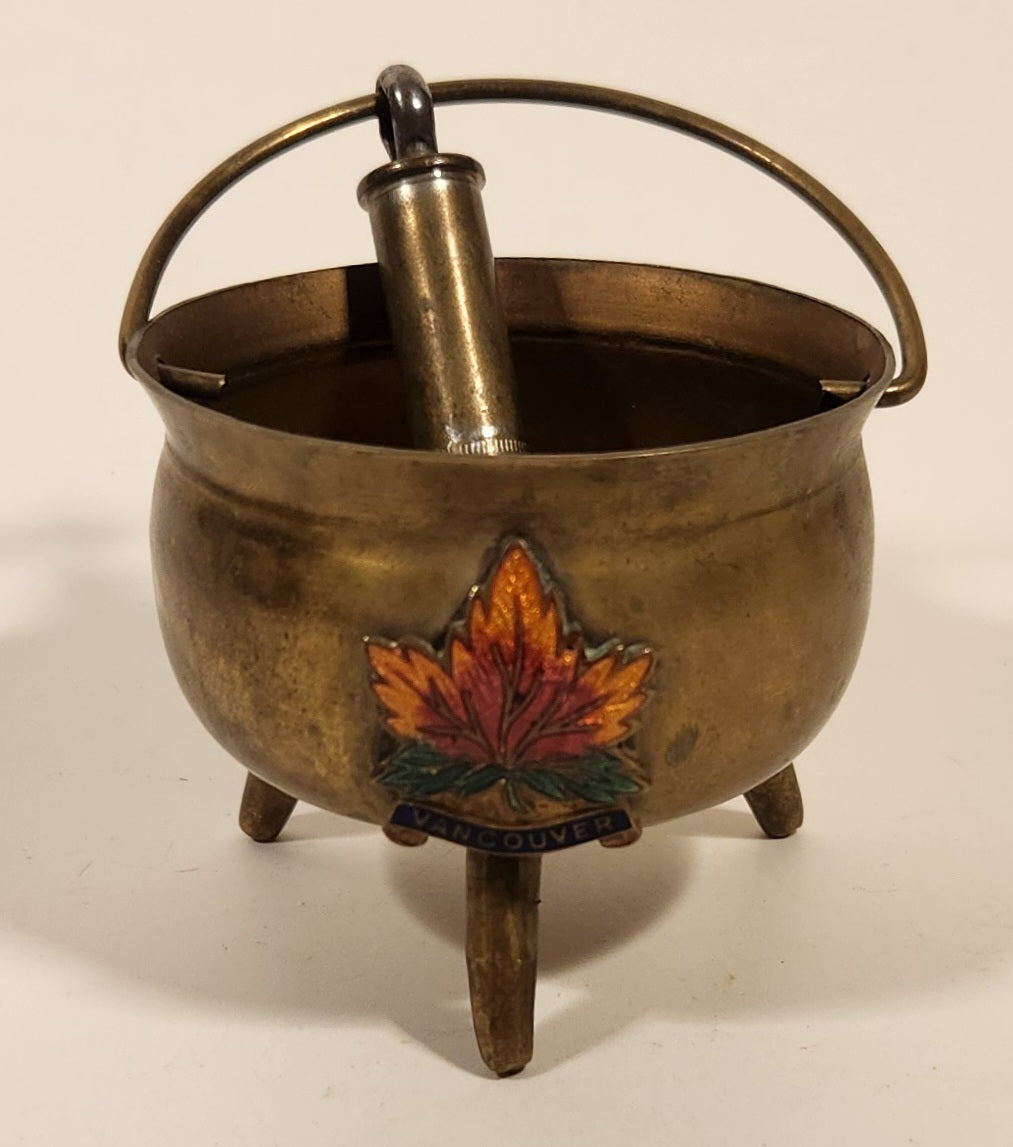 Rare Vintage Vancouver Canada Enamel Maple Leaf Brass Cauldron with Bullet Hanging From The Handle 3